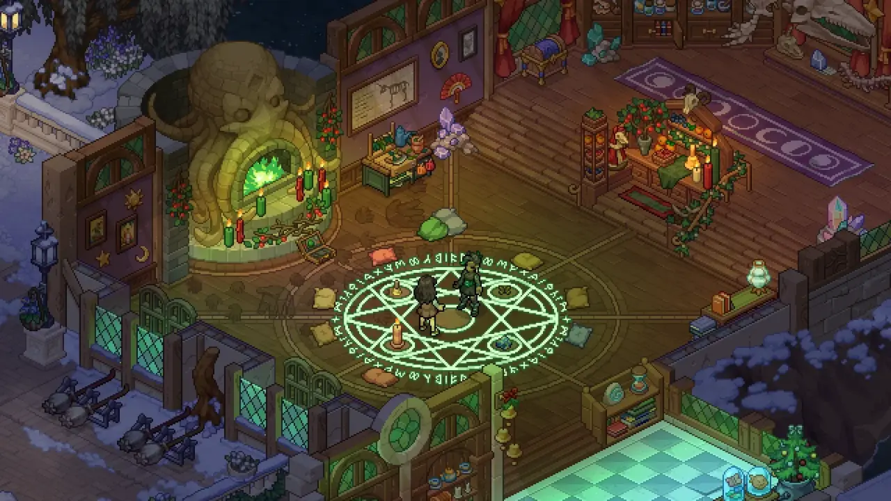 Two witches stand inside a glowing green ritual circle in the Arcane Arts room.