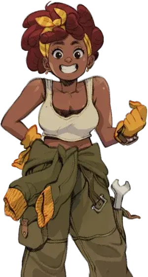 Pip Marin smiling with curly red hair, yellow work gloves and olive mechanic trousers.
