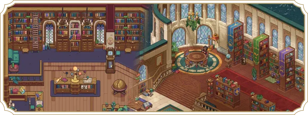 An earlier front-facing library beside the later isometric library