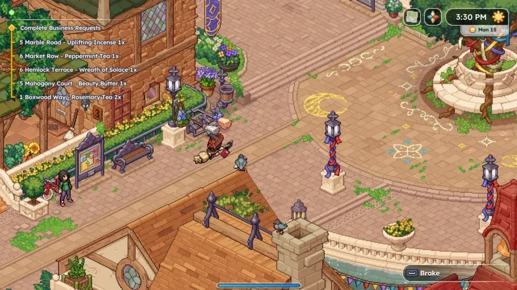 A witch flies through Mossport with business deliveries listed in the quest tracker