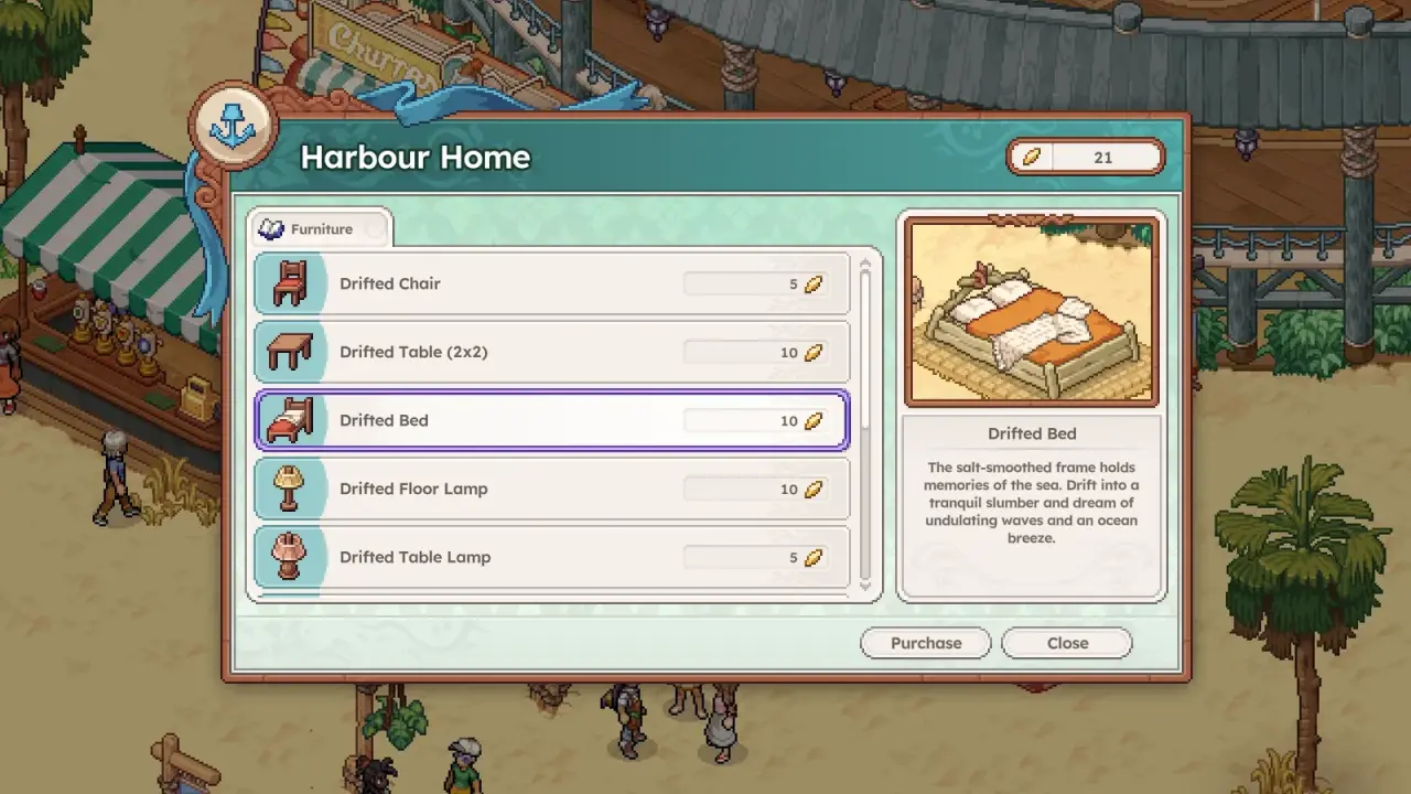 Seasonal Harbour Home stall offering Drifted chairs, tables, beds and lamps.